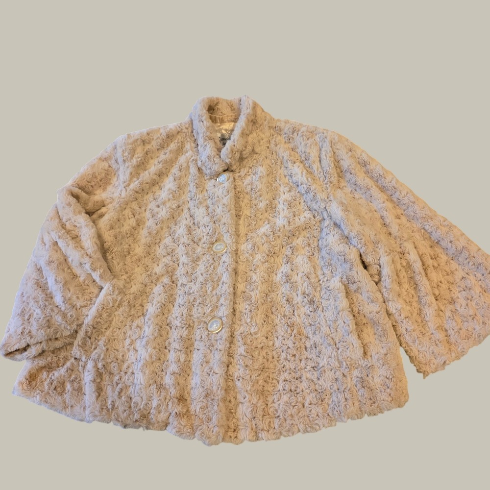 Scandinavian Faux Fur Cream Beige Rosette Swirl Button Front Jacket Coat